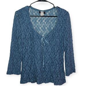 Studio 1940 Women's Vintage Y2K Romantic Feminine Lace Blouse Blue size Large